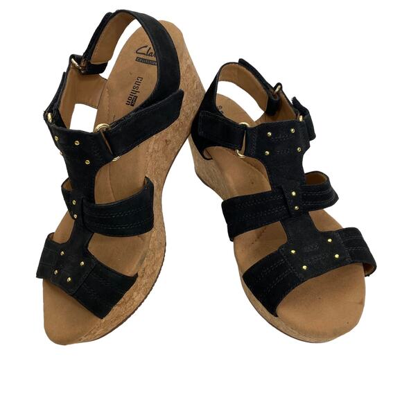 Clarks Annadel Orchid Wedge Sandals Cork Studded Heeled Black Suede 9M - Picture 1 of 12